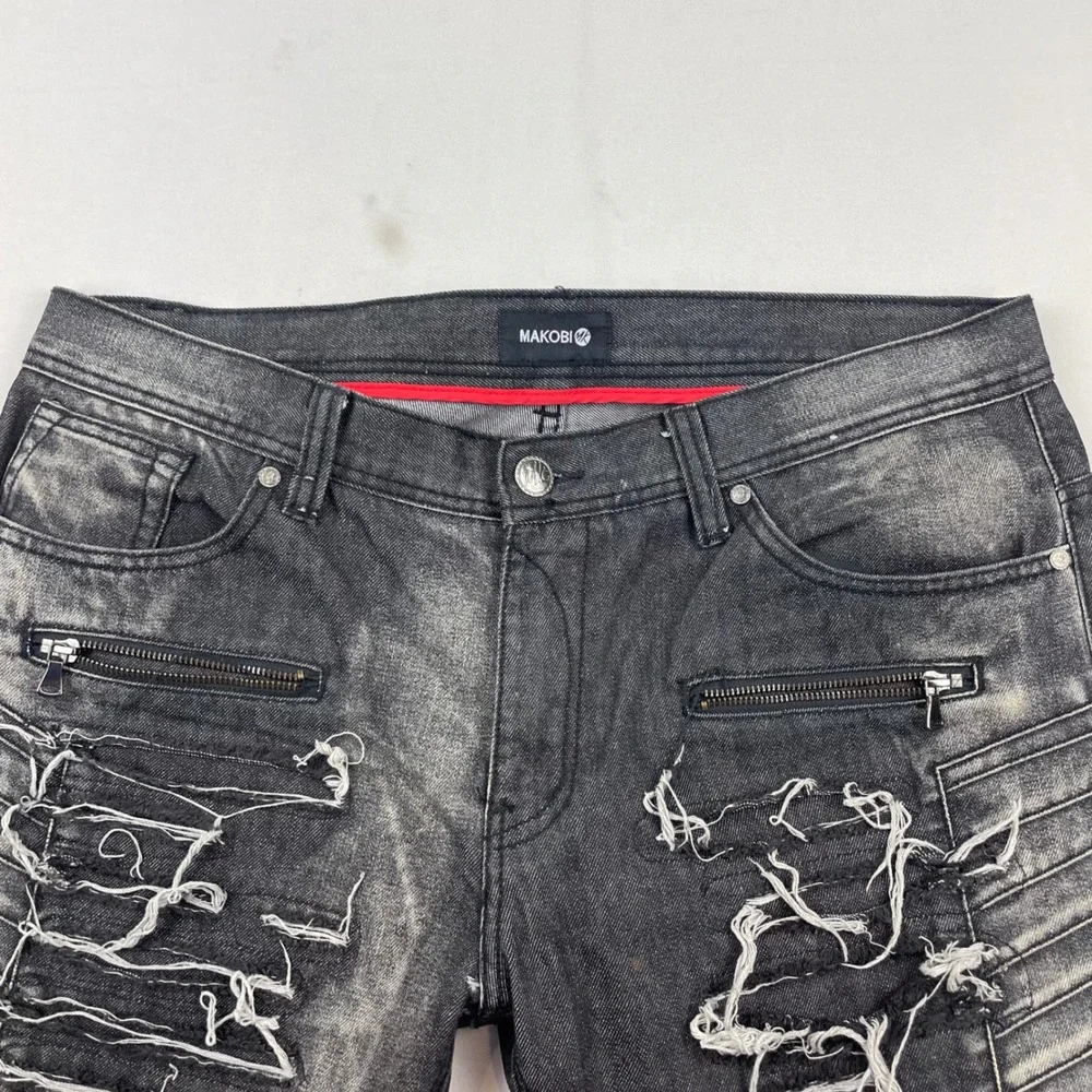 Makobi Denim Co Distressed Moto Jeans Mens 36x32 Faded Black Biker Distressed - Picture 5 of 7